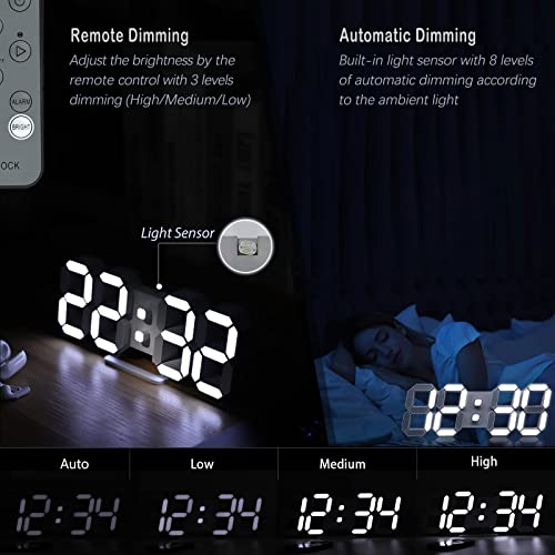 KOSUMOSU 3D LED Digital Wall Clock ,9.7", Large Display Table/ Desk Clock with Remote Control 12/24H Temperature (White Light) - color: 9.7in Clock-white Light