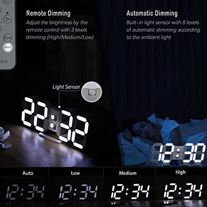 KOSUMOSU 3D LED Digital Wall Clock ,9.7", Large Display Table/ Desk Clock with Remote Control 12/24H Temperature (White Light) - color: 9.7in Clock-white Light