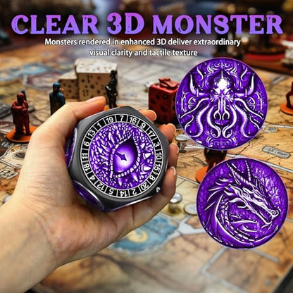 ZHOORQI 8-in-1 DND Dice Set – Metal Spinner Dice with Dual D20, 3D Monster Engravings & Smooth Spinning – Perfect for TTRPG, D and D Dungeons and Dragons Gifts(Black Dice - Purple) - color: Black Purple