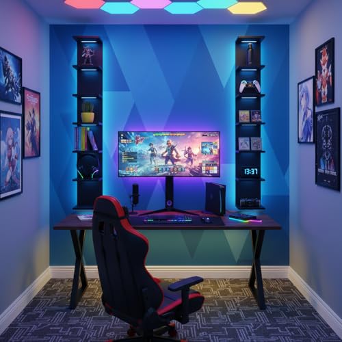 7 Tier RGB Light Wall Shelves, Black | Lack Wall Shelf Unit, Vertical Shelf with Remonte Control,Black Shelves - color: Rgb-black