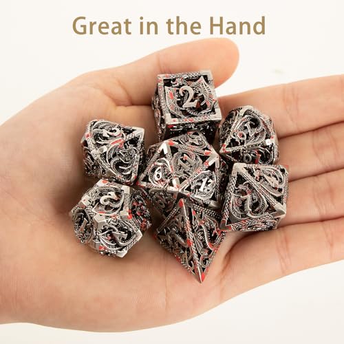 7PCS DND Dice Set, Premium Hollow Metal Polyhedral Dice with Treasure Chest & Dice Bag, Gift for Men & Women, Dungeons and Dragons, TTRPG RPG Tabletop Games (Antique Silver Red Speckles) - color: Antiquesilver-redspeckles