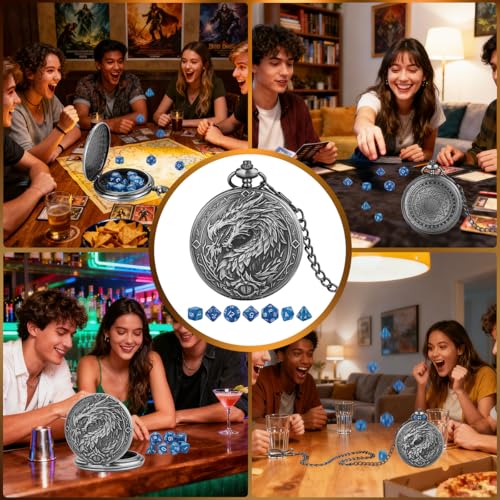 Mini DND Dice Set, 7-Piece Polyhedral Acrylic D&D Dice, with Steampunk Dragon Large Pocket Watch Case, DND Gift Bag with Dragon Logo, Role Play Board Game Accessories, Dark Silver + Blue - color: Silver + Blue