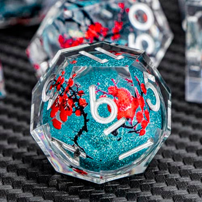 ARUOHHA DND Resin Dice Plum Blossom Liquid Core Dice Silver Blue Sharp Edged Dragons Polyhedral Dice Set with Gift Box, Role Playing Game Dungeons D and D Dice Set D20 D12 D10 D6 D4 - color: Flower&silver Blue