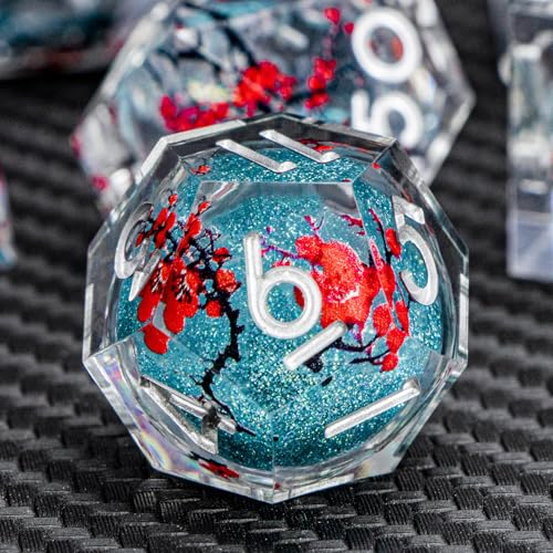 ARUOHHA DND Resin Dice Plum Blossom Liquid Core Dice Silver Blue Sharp Edged Dragons Polyhedral Dice Set with Gift Box, Role Playing Game Dungeons D and D Dice Set D20 D12 D10 D6 D4 - color: Flower&silver Blue