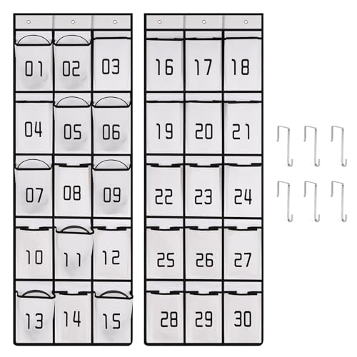 2 Pack Numbered Classroom Headphone Storage Organizer with 30 Pockets,White | Over the Door Headphone Holder, Hanging Classroom Pocket Chart for Headphones, Cell Phones Classroom Storage & Organization - color: White