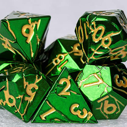 Metal Dice for DND - Ancient Cracked Lightning - Green Gold Cracks | Beautiful 7pc Polyhedral Dice Set, Smooth Rolling, Role Playing Games (RPG), Compatible with D&D, for Dungeons and Dragons - color: Green Gold Lightning