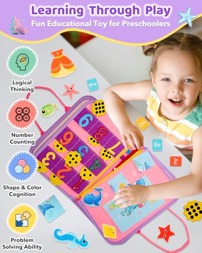 SaFeli Toddler Busy Board, Montessori Toys for Toddler Girl Birthday Gifts, Learning Toys Sensory Busy Book Toys for Toddlers, Travel Educational Book for Airplane Car | Birthday Gift for Girls, Pink - size: Mermaid - Pink