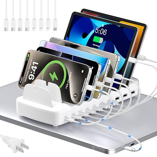 510W Fast Charging Station for Multiple Devices, 10 Port USB C Charger Station with Flame-Retardant Material & 8 Cables for iPhone, Android, iPad, Tablets, Family Office Desk Charging Dock Organizer - color: White
