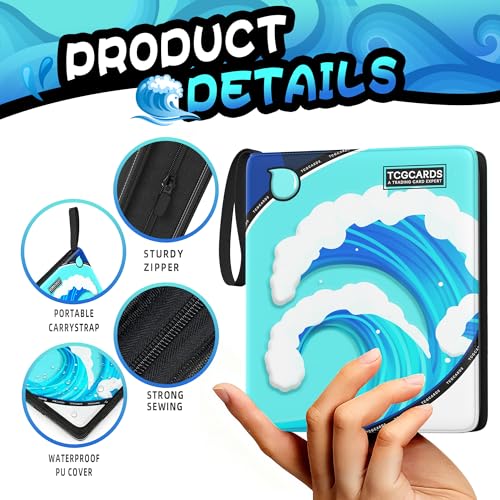 Trading Card Binder 4 Pocket,400 Pocket Card Collection Binder with 50 Removable Sleeves,PU Waterproof Top Card Book,3-Ring Zipper Collectible Trading Card Album for MTG/TCG/Card Holder Gift（Water） - color: Water, size: Small