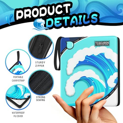 Trading Card Binder 4 Pocket,400 Pocket Card Collection Binder with 50 Removable Sleeves,PU Waterproof Top Card Book,3-Ring Zipper Collectible Trading Card Album for MTG/TCG/Card Holder Gift（Water） - color: Water, size: Small