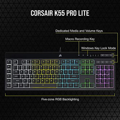 Corsair K55 PRO LITE RGB Wired Membrane Gaming Keyboard (5-Zone Dynamic RGB Backlighting, Six Macro Keys with Stream Deck Integration, IP42 Dust and Spill Resistant, Dedicated Media Keys) Black - style: K55 PRO LITE RGB Frustration Free Packaging