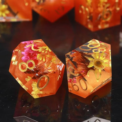 Haxtec Flower DND Dice Set, Orange Sharp Edge Resin Polyhedral Dice | Floral D&D Dice with Metal Case, Handmade Plant Inside, Dungeons and Dragons, TTRPG DND Gifts - color: Orange