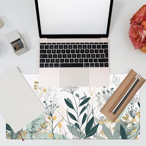 Desk Mat, Green Gold Plant Leaves Desk Pad, Wildflowers Large Gaming Mouse Pad for Desk, 31.5"x15.7" Extended Big Computer Keyboard Mouse Pad with Non-Slip Base and Stitched Edge - color: Green Gold Plant Leaves