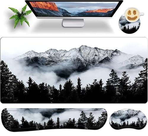 Large Gaming Mouse Pad Set 35.4 x 15.7 with Keyboard Wrist Rest, Wrist Support, and Coaster Memory Foam Smooth Desk Pad Mousepad for Home Office School - Mountain Forest - color: Mountain Forest, size: 35.4" x 15.7" x 0.12" (Set of 4 Items)