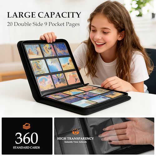 Card Binder 9 Pocket - Premium Card Collection Binder for 360 Cards, Durable Side-Loading Card Album with Zipper, Perfect for TCG, MTG, and Sports Cards, Black - color: Black