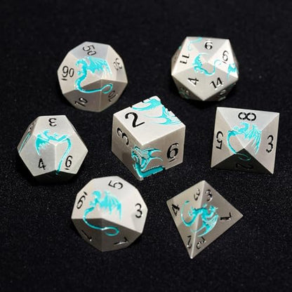 Matte Silver Blue Dragon Metal Dice Set,7 PCS Heavy Zinc Alloy DND Dice with Magnetic Gift Box for Dungeons & Dragons Tabletop Games (Matte Silver Blue Dragon) - color: Matte Silver Blue02