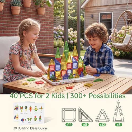Mini Magnetic Tiles for Kids Travel: 40 PCS Cartoon Tin Box Magnet Building Blocks to Stop Crying - 60 Mins Quiet Play 30s Cleanup - Birthday Gift Boys Girls Age 3-8 - style: Colorful 40PCS