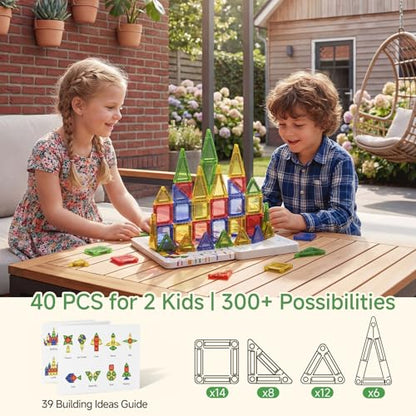 Mini Magnetic Tiles for Kids Travel: 40 PCS Cartoon Tin Box Magnet Building Blocks to Stop Crying - 60 Mins Quiet Play 30s Cleanup - Birthday Gift Boys Girls Age 3-8 - style: Colorful 40PCS