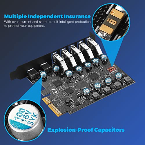 10Gbps PCIe USB 3.2/3.1 Gen 2 Expansion Card 7-Ports (2X USB C and 5X Type-A) PCI Express Card Type C PCI-e USB3 Hub Controller Adapter 4 Independent Power Module
