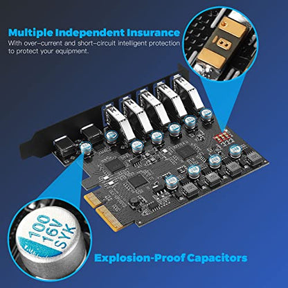 10Gbps PCIe USB 3.2/3.1 Gen 2 Expansion Card 7-Ports (2X USB C and 5X Type-A) PCI Express Card Type C PCI-e USB3 Hub Controller Adapter 4 Independent Power Module