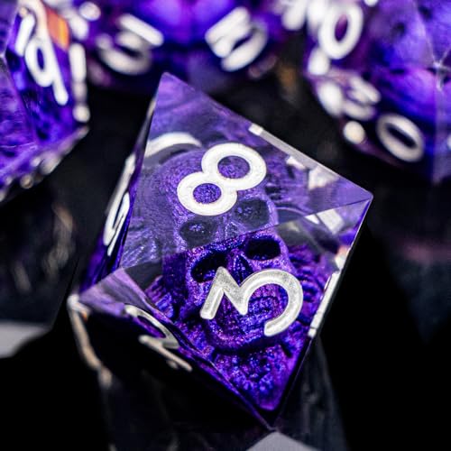 DND Skull Dice Set 7PCS Necromancer Polyhedral Dice for Dungeons Dragons RPG Role Playing Game, Resin Sharp Edged D and D Dice with Gift Box D6 D8 D10 D12 D20 (Silver Purple) - color: Purple&silver