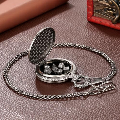 Mini DND Dice Set with Steampunk Monk (Fist) Pocket Watch Case, Tiny 7PCS Polyhedral Metal D&D Dice, DND Gifts with Gift Box, Role Playing Game Board Game Accessories Dice, Dark Silver - color: Dark Silver