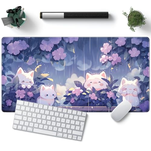 Kawaii Cat Desk Mat XXL Extended Purple Gaming Mouse Pad Large Mousepad | Cute Desk Mat Keyboard and Mouse with Stitched Edges Desk Pad for Game Office Home Desk Purple Decor 31.5x15.7 in - color: D-rainforest Purple Kitten