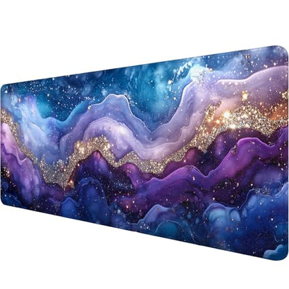 Marble Mouse Pad Fantasy Ink Painting Purple Blue Glitter Large Gaming Mouse Mat with Stitched Edges,Non-Slip Waterproof Rubber Base Mouse Mat Office Computer Keyboard Laptop Home 31.5"x11.8" - color: Marble, size: 31.5" x 11.8"