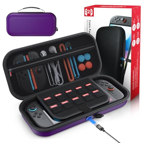 Auarte [Charge Inside Carrying Case for Switch 2 Console (2025)/OLED | Slim Hard Portable Travel Carry Case Bag for Switch 2 Accessories with 10 Game Card Storage-Purple - color: Purple