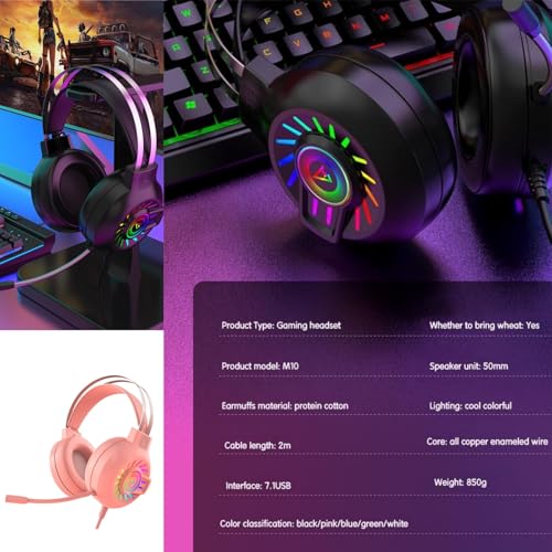 Gaming Headset,7.1 Surround Sound Wired Gaming Headset with Noise Cancelling Mic, Ultra Stable Headphones with 50mm Drivers Memory Foam, RGB Light, Pink - color: Pink