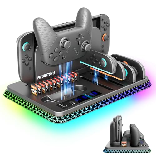 [Switch 2 (2025) Compatible] Charging Dock and Orgainzer Station for Nintendo Switch 2, Fast Charger & Storage Stand for 4 * Joy Con and Pro Controller, Inc.12 Card Slots, USB-HUB, Type-C, 9 RGB Modes