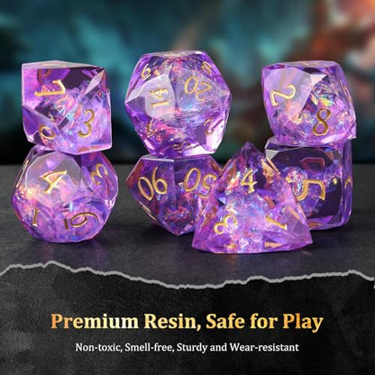 MoKo Resin DND Dice Set, 7PCS Sharp Edge Polyhedral, Purple | Gold Numbers, D&D RPG Tabletop Games, Gift Box Storage Bag, D20 D12 D10 D8 D6 D4 D% - color: 3 - Purple