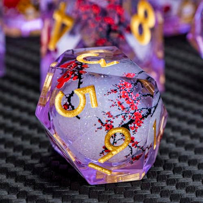 ARUOHHA DND Resin Dice Plum Blossom Liquid Core Golden Purple Sharp Edged Dragons Polyhedral Dice Set with Gift Box, Dungeons D and D Dice Set Role Playing Game D20 D12 D10 D8 D6 D4 - color: Flower&purple White-2