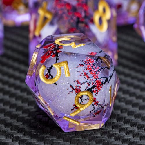 ARUOHHA DND Resin Dice Plum Blossom Liquid Core Golden Purple Sharp Edged Dragons Polyhedral Dice Set with Gift Box, Dungeons D and D Dice Set Role Playing Game D20 D12 D10 D8 D6 D4 - color: Flower&purple White-2