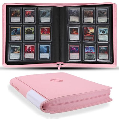 Snekdy Top loader Binder, 9 Pockets Top Loader，Holds 360 Top Loaders cards, Card binder with Sleeves for card in 3 x 4 inches color smooth Zipper PU Leather (Pink) - color: Pink