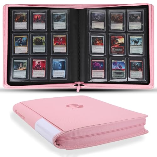 Snekdy Top loader Binder, 9 Pockets Top Loader，Holds 360 Top Loaders cards, Card binder with Sleeves for card in 3 x 4 inches color smooth Zipper PU Leather (Pink) - color: Pink