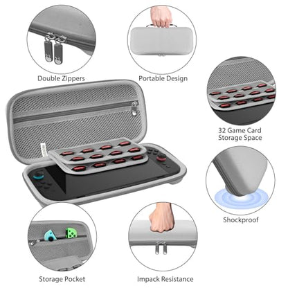 RAVEtone Travel Carrying Case Compatible with Nintendo Switch 2 Model 2025, Large Capacity Premium EVA Portable Hard Shell Pouch Waterproof Game Bag with 32 Game Cartridge Accessories (Gray) - color: Gray, style: Large