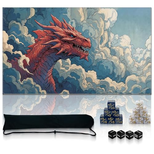 Ultimate TCG Battle Set: 24"x14" Stitched Fantasy Playmat, 16 Dice & Carry Bag – Non-Slip 2mm Rubber Card Game Mat for Trading Card Games (Rage Skies, Classic Series) - color: Rage Skies, size: CLASSIC SERIES