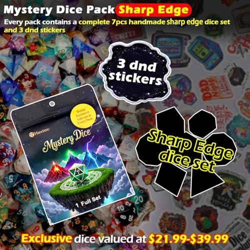 Haxtec Mystery DND Dice Set, 7 Pcs Random Sharp Edge Polyhedral RPG Dice | 3 Funny Stickers, Gifts for Table Games, Dungeons & Dragons, Handmade Resin, Original Design, No Duplicates in 2/5 Packs - style: Sharp Edge