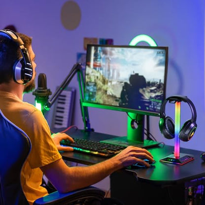 Gaming Headset Stand, RGB Headphone Holder with 2 USB Ports for Desk | RGB lighting effects, 2 USB charging ports, sturdy non-slip base. Perfect for gaming desk, office, gift for gamers.