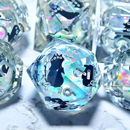 Dungeons and Dragons dice Set DND, polyhedral D&D Resin dice Set, Suitable for Role-Playing dice Game RPG Pathfinder DND dice Set - color: Quicksand Black Cat Silver