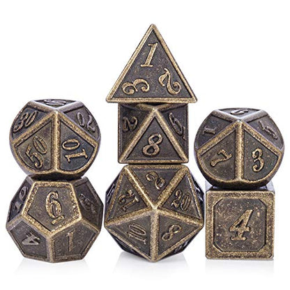 DnDnD Ancient Design Dice, 7PCS Brass DND Metal Dice with Metal Box for Table Games Dungeons and Dragons D&D - color: Ancient Brass