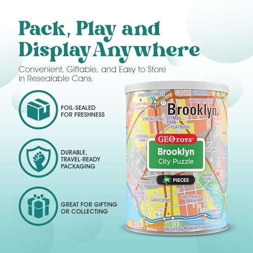 Geotoys Brooklyn Mini Puzzle - 100 Piece Puzzles for Kids and Adults in Portable Can, 13" x 10" Educational Travel Puzzle for Ages 7 and Up - Mini Puzzles to Learn & Explore Geography - style: Brooklyn