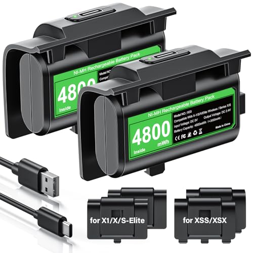 Rechargeable Controller Battery Pack for Xbox, 2x4800mWh Xbox Battery Pack | Battery Pack for Xbox Series S|X/Xbox One S|X/One Elite, Upgraded Charging for Xbox Accessories with 4 Cover, Type-C Cable - color: 2*4800mWh Battery Pack, Green