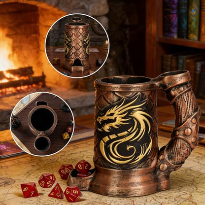 Dice Tower Mug, Dice Rolling Tower, Comes with 7 PCS Dice Set, Suitable for DND Dungeons and Dragons, Tabletop Games, Available As Drink Holder, D&D Gifts, DND Accessories (Dark Gold Dragon) - color: Dark Gold Dragon