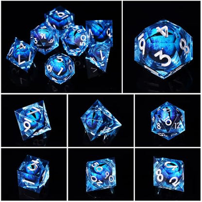 Dragon Eye DND Dice Set, 7 Pcs Liquid Core Resin Sharp Edged Polyhedral D&D Dice for Dungeons and Dragons RPG Role Playing Table Games