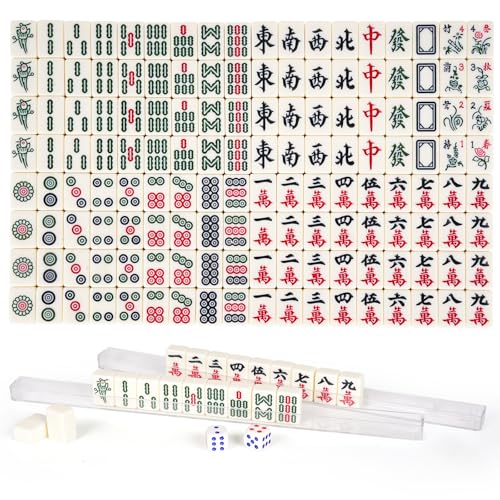 Portable Chinese Mahjong Set with 144 Mini Tiles, Travel Mahjong Game Set with 4 Clear Racks, 2 Dice & Spare Tiles, Compact Mahjong Board Game for Family, Outdoor Travel Gift (Ivory)