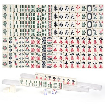Portable Chinese Mahjong Set with 144 Mini Tiles, Travel Mahjong Game Set with 4 Clear Racks, 2 Dice & Spare Tiles, Compact Mahjong Board Game for Family, Outdoor Travel Gift (Ivory)