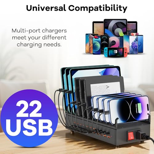 USB~C Charger Block, 300W 22 Port (11 USΒ A & 11 USΒ~C) USB Charging Station for Multiple Devices, Desktop Wall Fast Charger with Storage Dividers, USΒ Power Strip Suitable for Home Office School