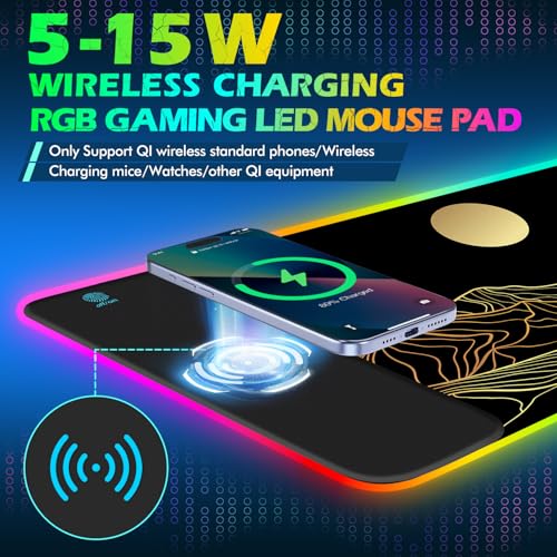 ToLuLu RGB Wireless Charging Gaming Mouse Pad, 7.5/10/15W 10 Light Modes LED Mouse Pad Computer Keyboard Mat Mousepad, 800x300x4MM Extended Large Desk Mat Desk Pad, Sun Shines Over Golden Mountain - color: Sun Shines Over Golden Mountain